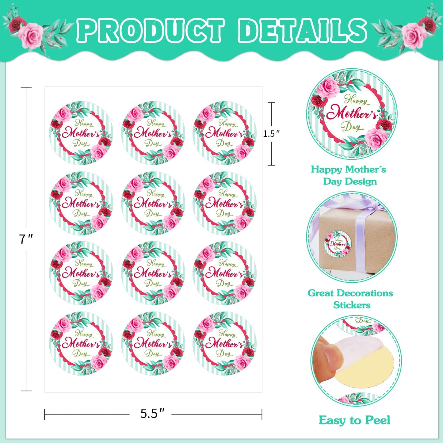 Happy Mothers Day Stickers - 36Pcs 1.5Inch Mother's Day Gift Tag Stickers - Pink Flower Mom Sticker for Envelope Seals Card Boxes Party Favor