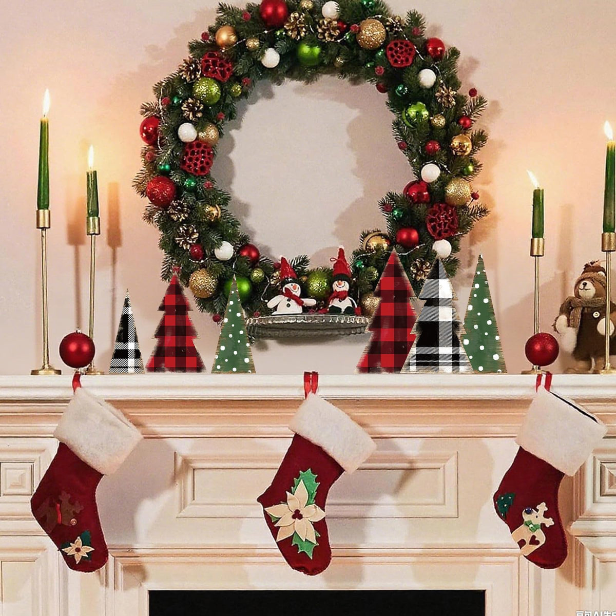Whaline 6 Pcs Christmas Tree Wooden Signs Table Decor Buffalo Plaid Dots Xmas Wood Tabletop Signs Red Black Green Desktop Centerpieces for Holiday Home Tiered Tray Fireplace Party Decor