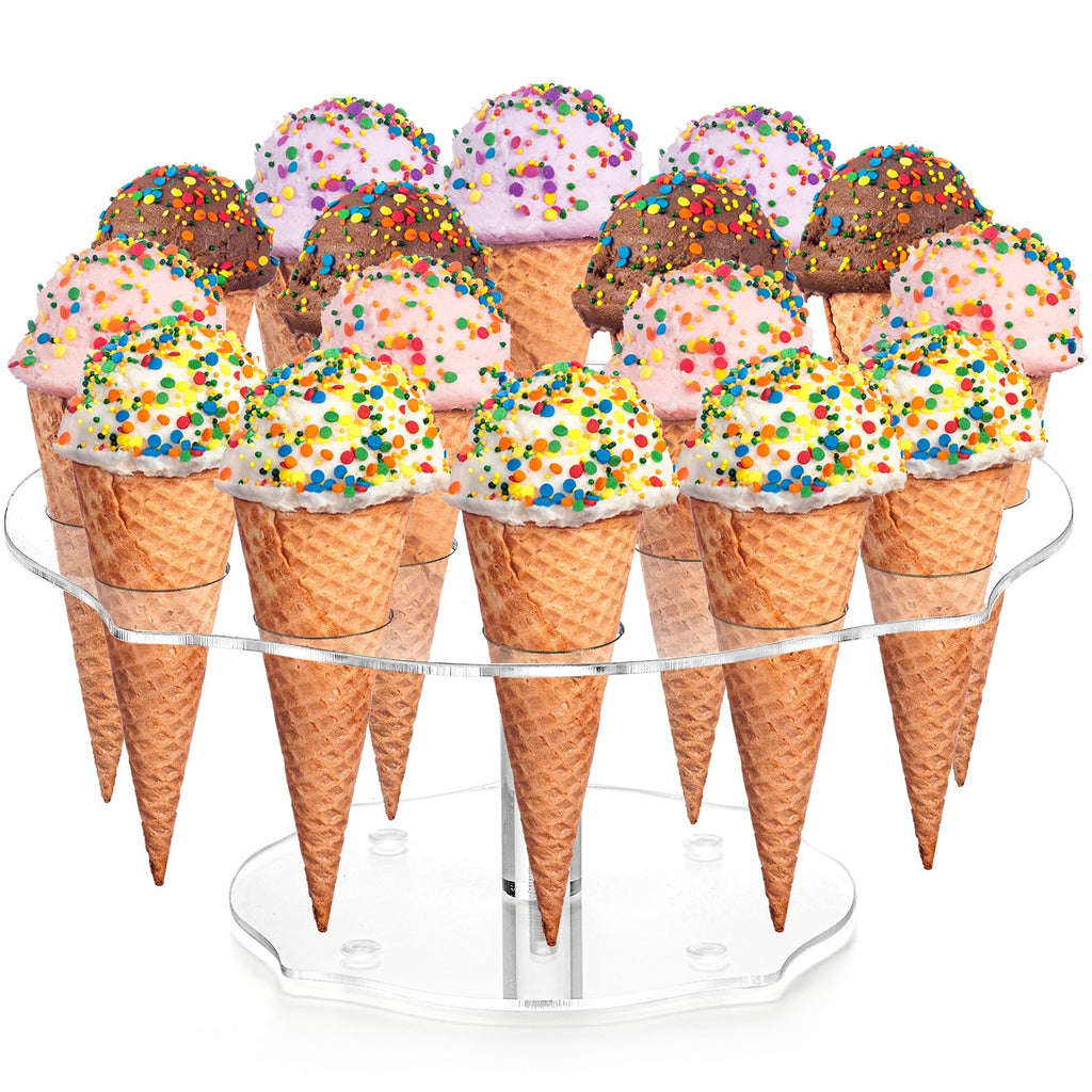 yarlung 2 Pack Ice Cream Cone Holder, 16 Holes Acrylic Waffle Cone Display Stand, Clear Hand Roll Sushi Popcorn Rack for Party Buffet Birthday Wedding