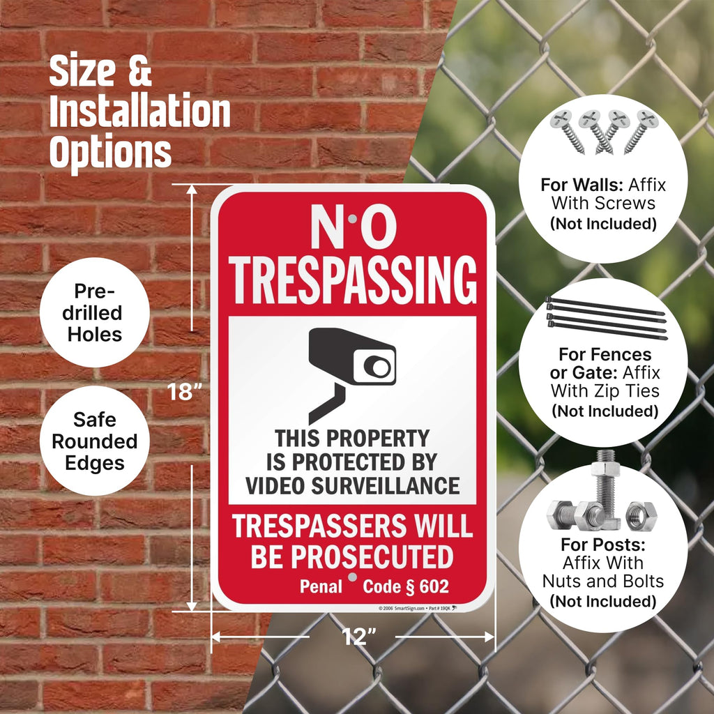 SmartSign California No Trespassing Property Protected By Video Surveillance Sign (Code 602) - 2 Pack, 18 x 12 inch, 2mm Aluminum Composite, Red/Black on White, Made in USA ACM - Aluminum Composite 12" x 18"