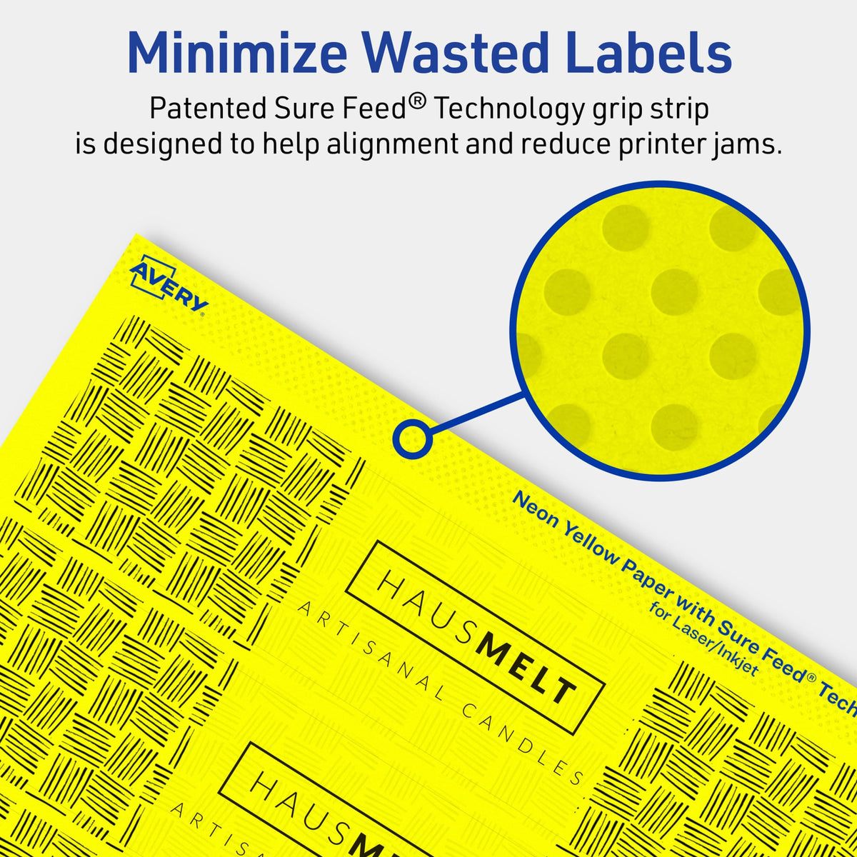 Avery Printable Rectangle Labels, Sure Feed Technology, 1-3/4" x 7-3/4", Neon Yellow Labels, Print-to-The-Edge, Laser/Inkjet Printable, 100 Total, Great for Candles and Jars 100 labels