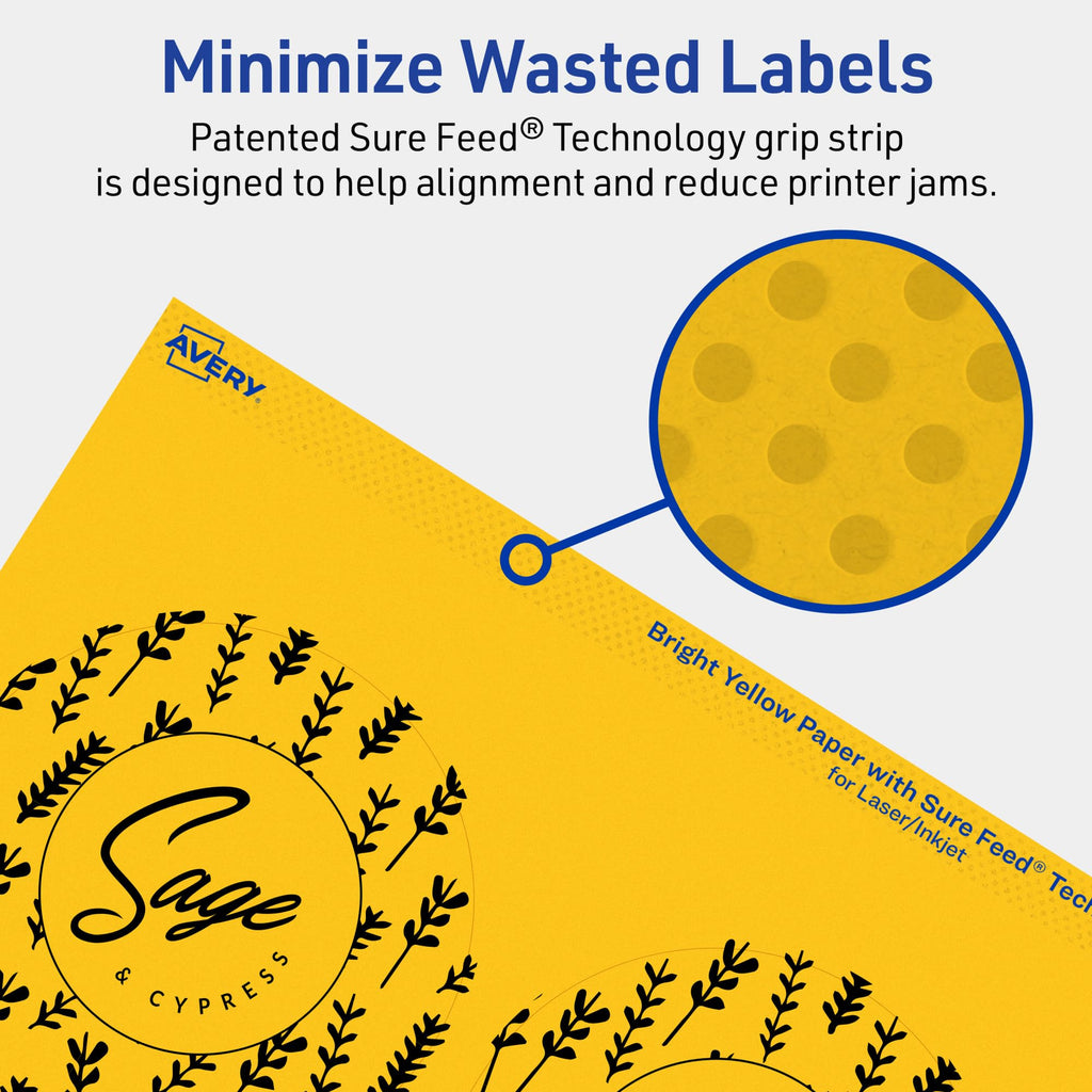 Avery® Printable Round Labels, Sure Feed® Technology, 3-1/2" Diameter, Bright Yellow Labels, Print-to-The-Edge, Laser/Inkjet Printable, 80 Total, Great for Packaging and Candles 80 labels
