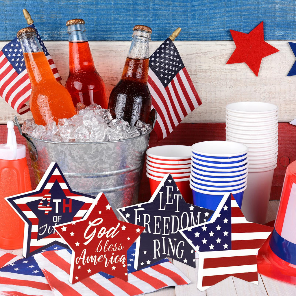 4th of July Decorations, 4 Pcs Wooden Star Signs Patriotic Wood Star Standing Blocks Red White and Blue Tiered Tray Decor for Home Office Independence Day 250th Anniversary Tabletop Decor
