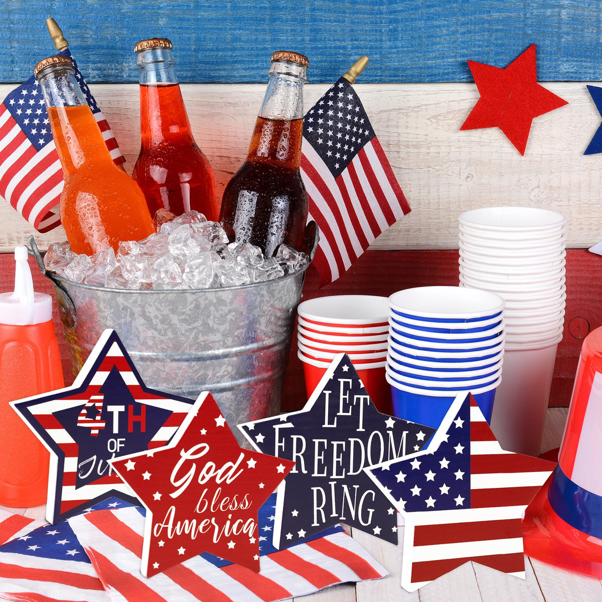 4th of July Decorations, 4 Pcs Wooden Star Signs Patriotic Wood Star Standing Blocks Red White and Blue Tiered Tray Decor for Home Office Independence Day 250th Anniversary Tabletop Decor