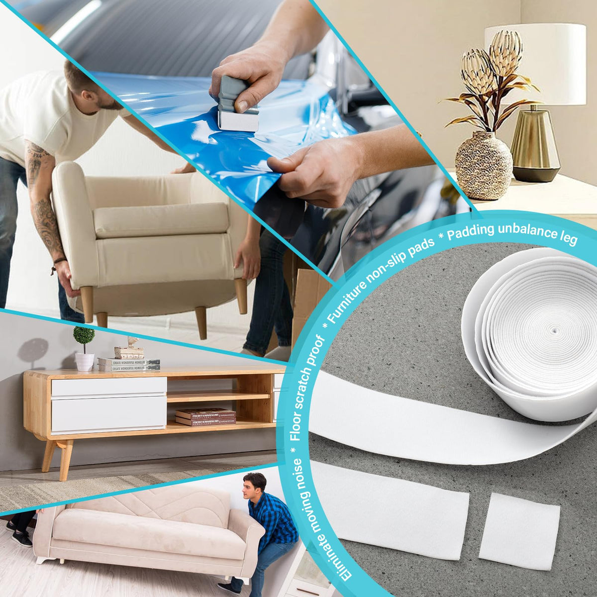 Gomake Adhesive Felt Tape Vinyl Squeegee Buffer White Self-Adhesive Soft Fiber Felt Roll for Vinyl Squeegee Replacement and Protecting Furniture Hard Surfaces DIY Adhesive-196.9 inch Length