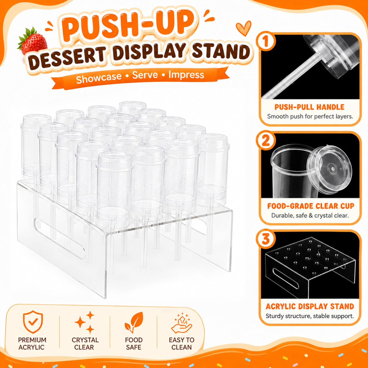 20 Hole Push Pop Cake Stand and 24 Clear Push-Up Cake Pop Shooter 24 Pack Round + Stand