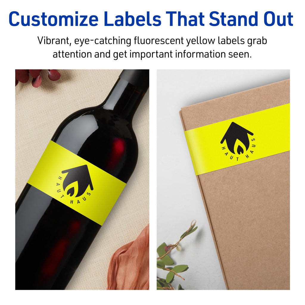 Avery Printable Rectangle Labels, Sure Feed Technology, 1-3/4" x 7-3/4", Neon Yellow Labels, Print-to-The-Edge, Laser/Inkjet Printable, 100 Total, Great for Candles and Jars 100 labels