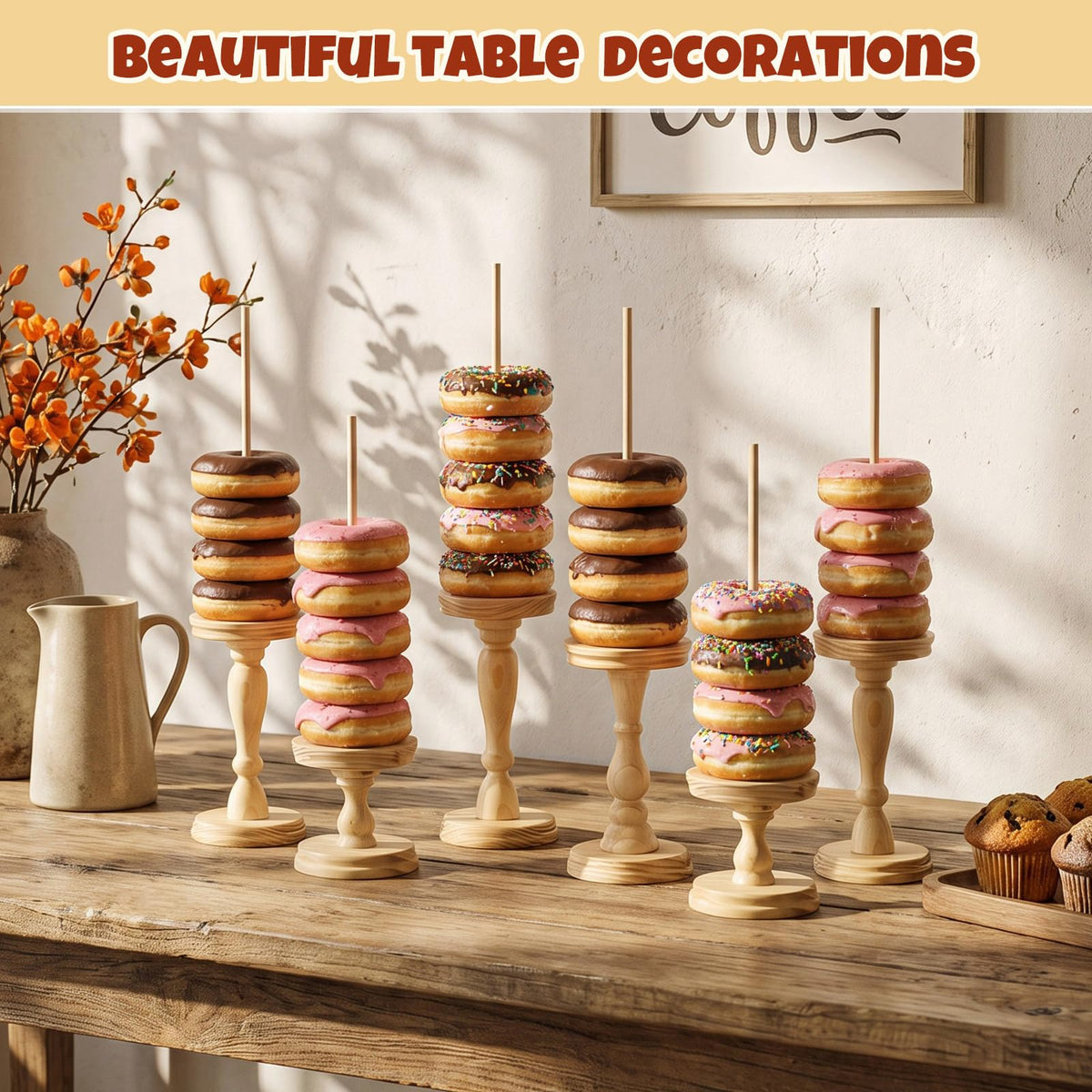 Gerrii 3 Pcs Wooden Donut Stand for Dessert Table 19.5"/17"/14.6" Farmhouse Unfinished Wood Donut Holder Display Stacker Detachable Rustic Dessert Table Tower for Birthday Party (Wood, Brown)
