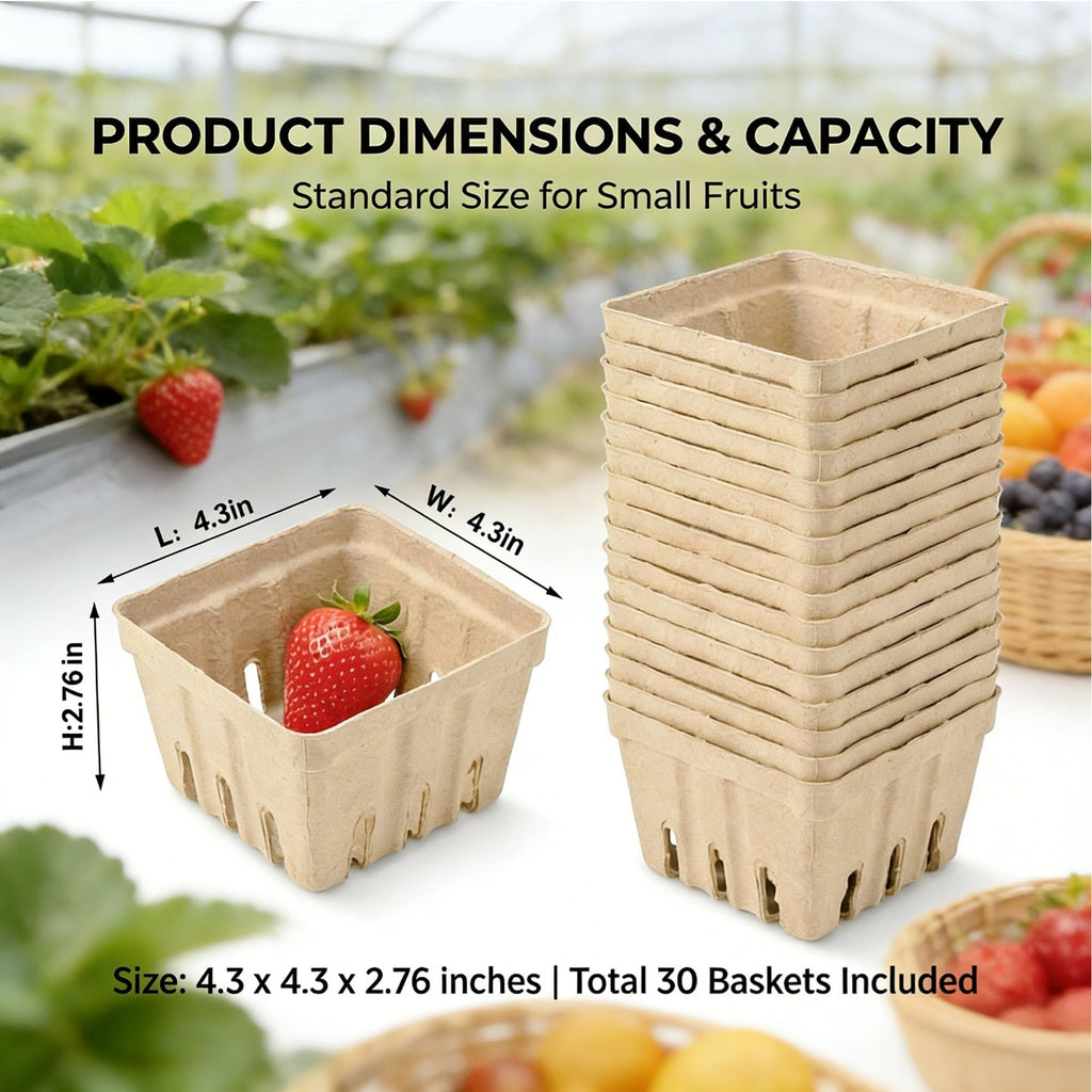 30 Pack Natural Pulp Fiber Berry Basket,Small Molded Produce Vented Basket Square