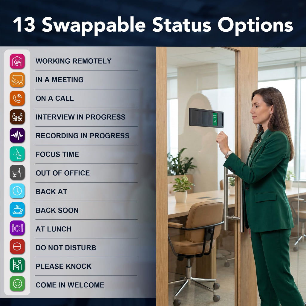 Office Door Sign with 6-Zone Sliding Design, 13 Interchangeable Status Options, Do Not Disturb, Please Knock, In A Meeting, Out Of Office, Back Soon, Custom Privacy Door Slider for Office, Meeting & Conference Room (Brushed Silver) - Patent Pending