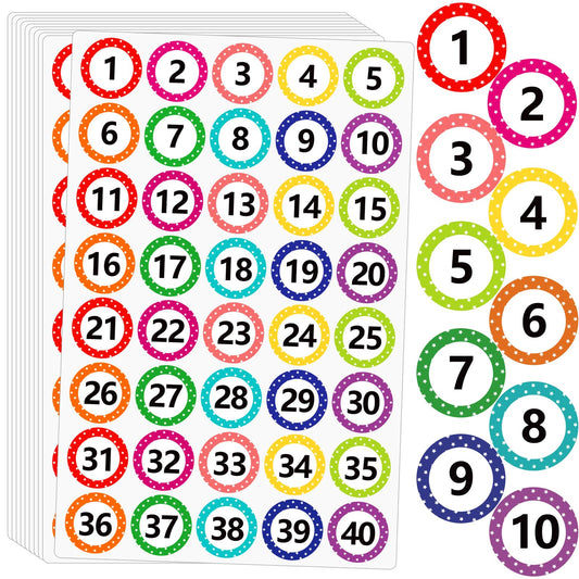 1 Inch Number Stickers 1-40, 12 Sheets Consecutive Number Labels, Colored Numbers Decals, Inventory Sticker, Removable Dot Stickers for Classroom, Office, Storage, Indoor, Boxes (10 Colors) 480