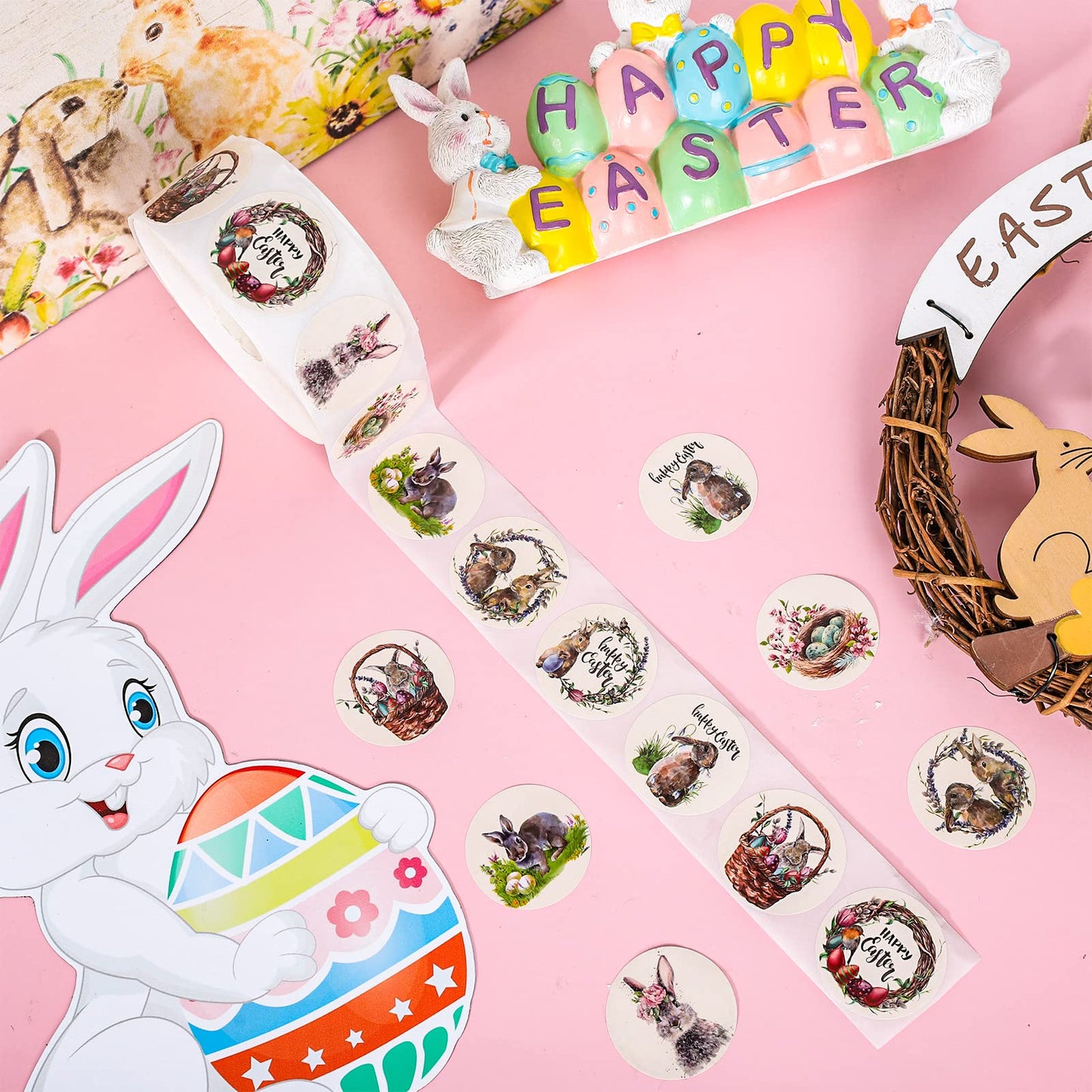 Whaline 1000Pcs Easter Stickers Roll Watercolor Rustic Bunny Round Stickers Rabbit Egg Pattern Label Self-Adhesive Stickers for Easter Holiday Party Boxes Cards Seal Envelopes, 8 Design
