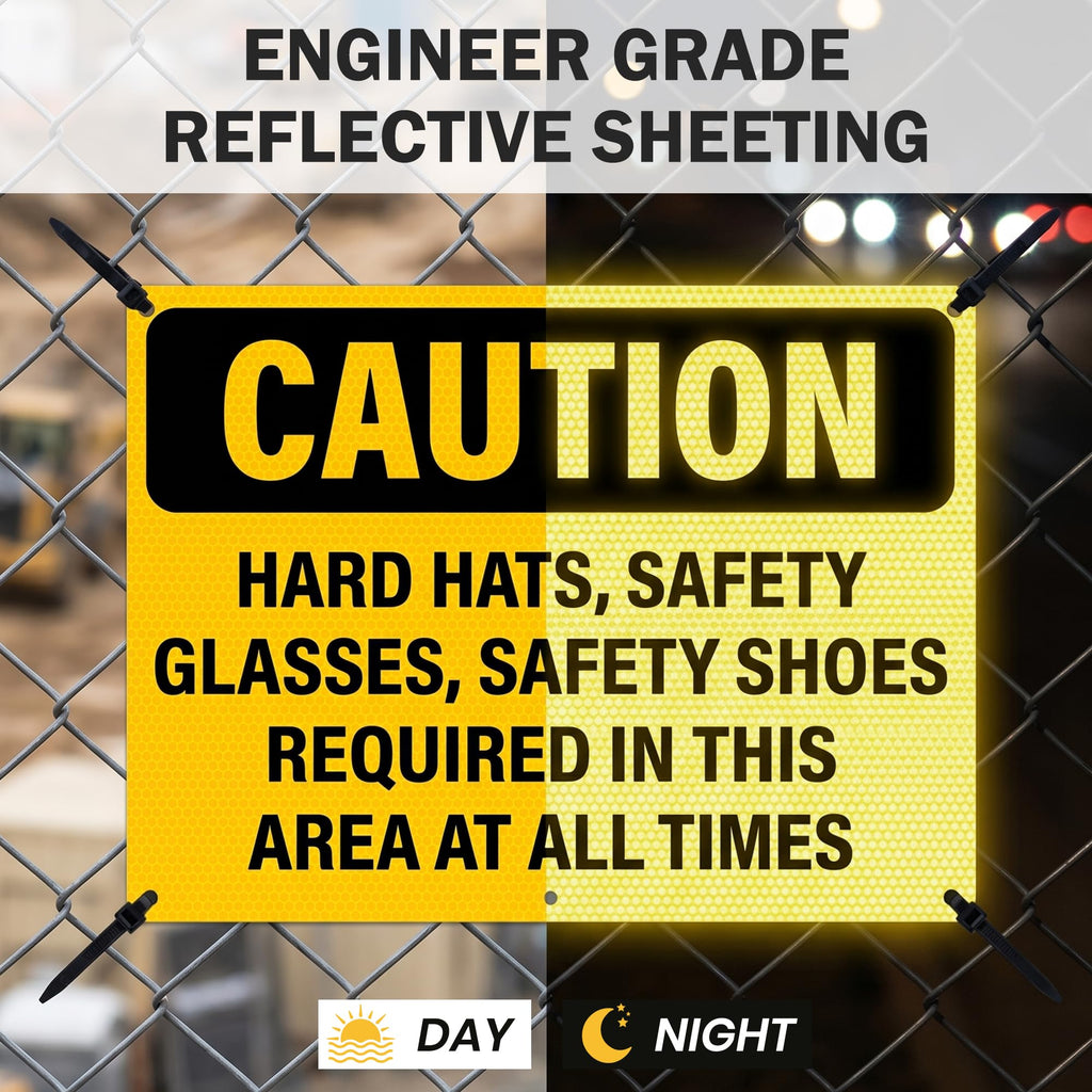 Hard Hats Safety Glasses Safety Shoes Required In This Area Sign Yellow, Black, PPE Safety 14 x 10 Inches