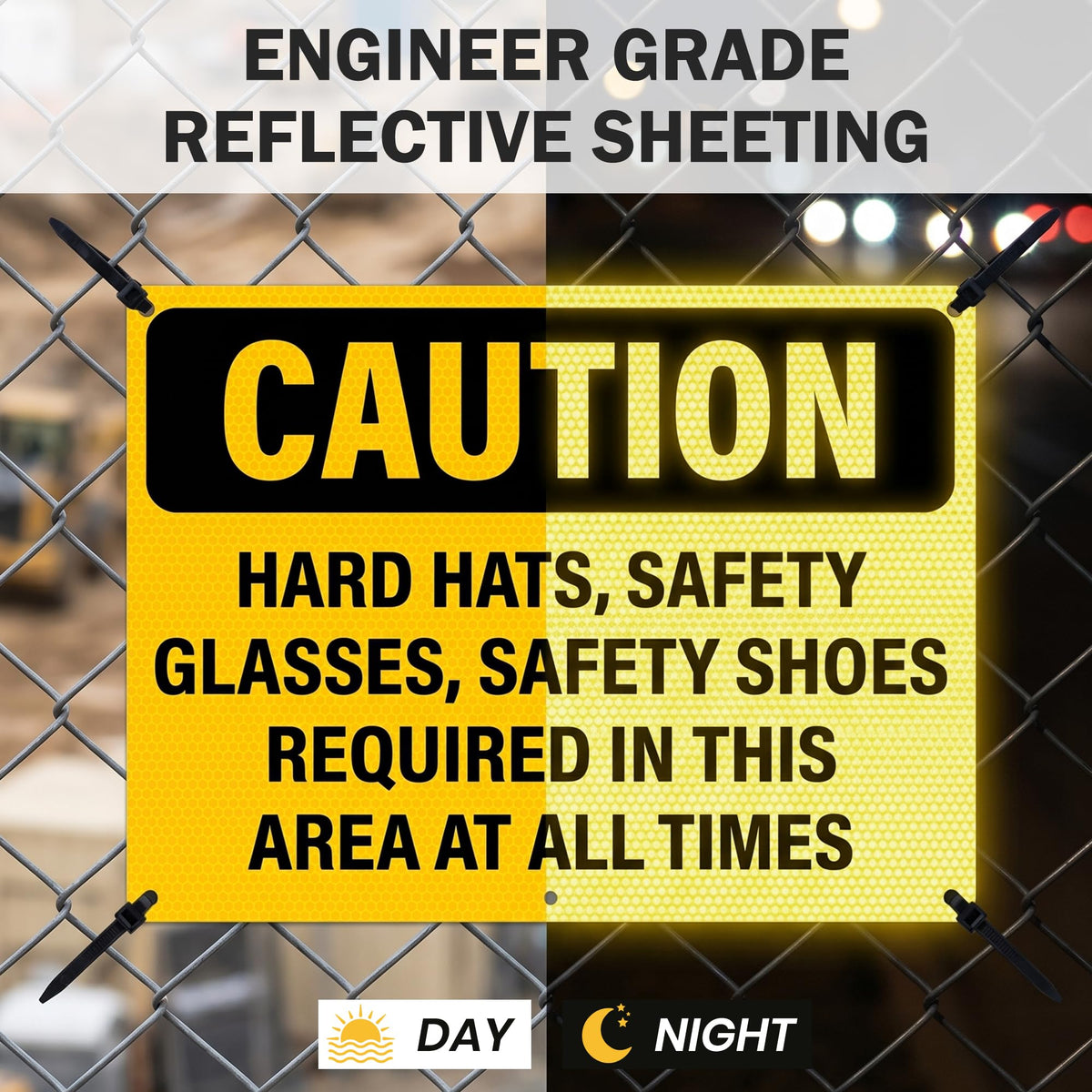 Hard Hats Safety Glasses Safety Shoes Required In This Area Sign Yellow, Black, PPE Safety 14 x 10 Inches