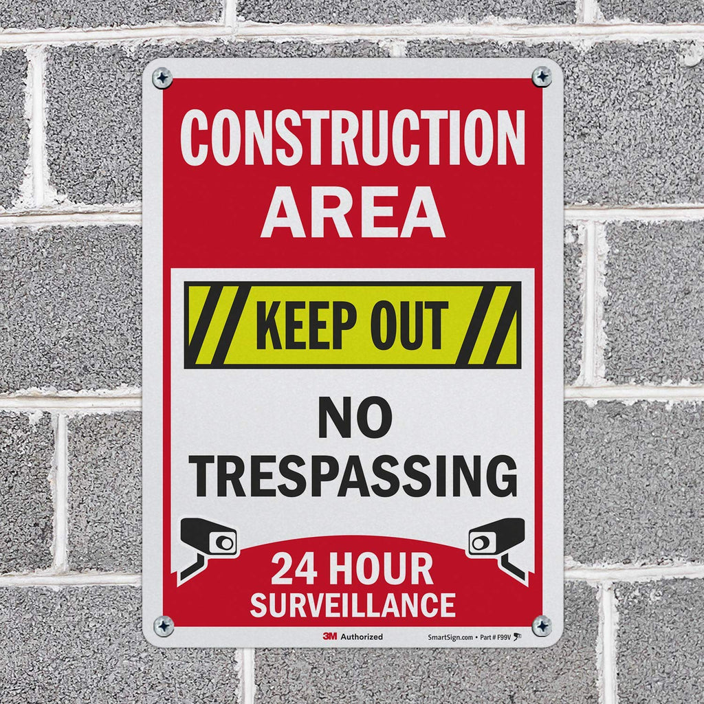 SmartSign “Construction Area - Keep Out, No Trespassing, 24 Hour Surveillance” Sign | 10" x 14" 3M Engineer Grade Reflective Aluminum, Made in USA 10" x 14"