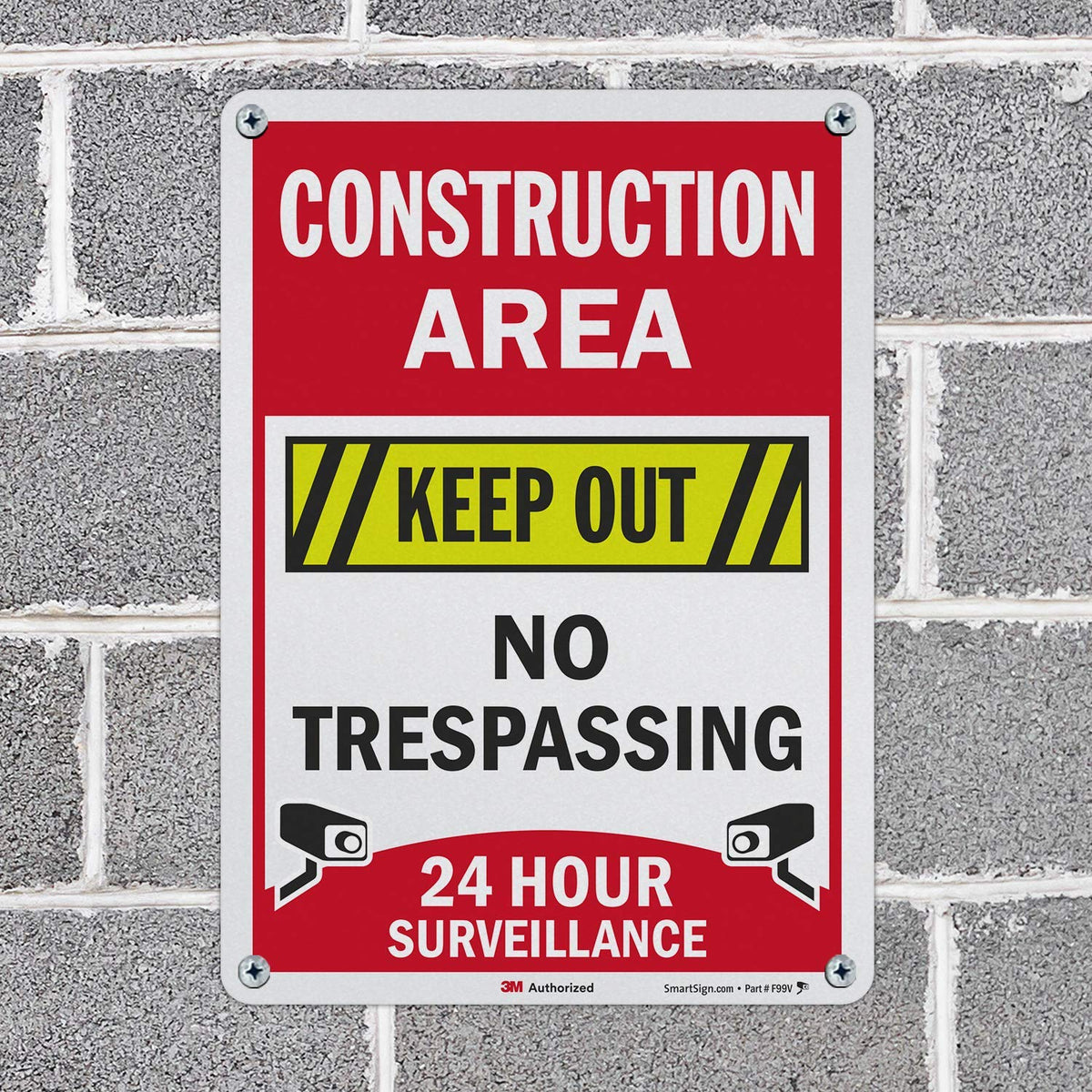 SmartSign “Construction Area - Keep Out, No Trespassing, 24 Hour Surveillance” Sign | 10" x 14" 3M Engineer Grade Reflective Aluminum, Made in USA 10" x 14"