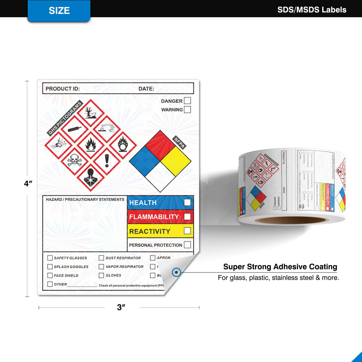 SDS OSHA Data Labels 4 x 3 Inches, Roll of 250 Stickers for Chemical Safety, GHS Pictograms & Perforated Edges, HMIS & Hazard Compliant, Secondary Containers SDS Label