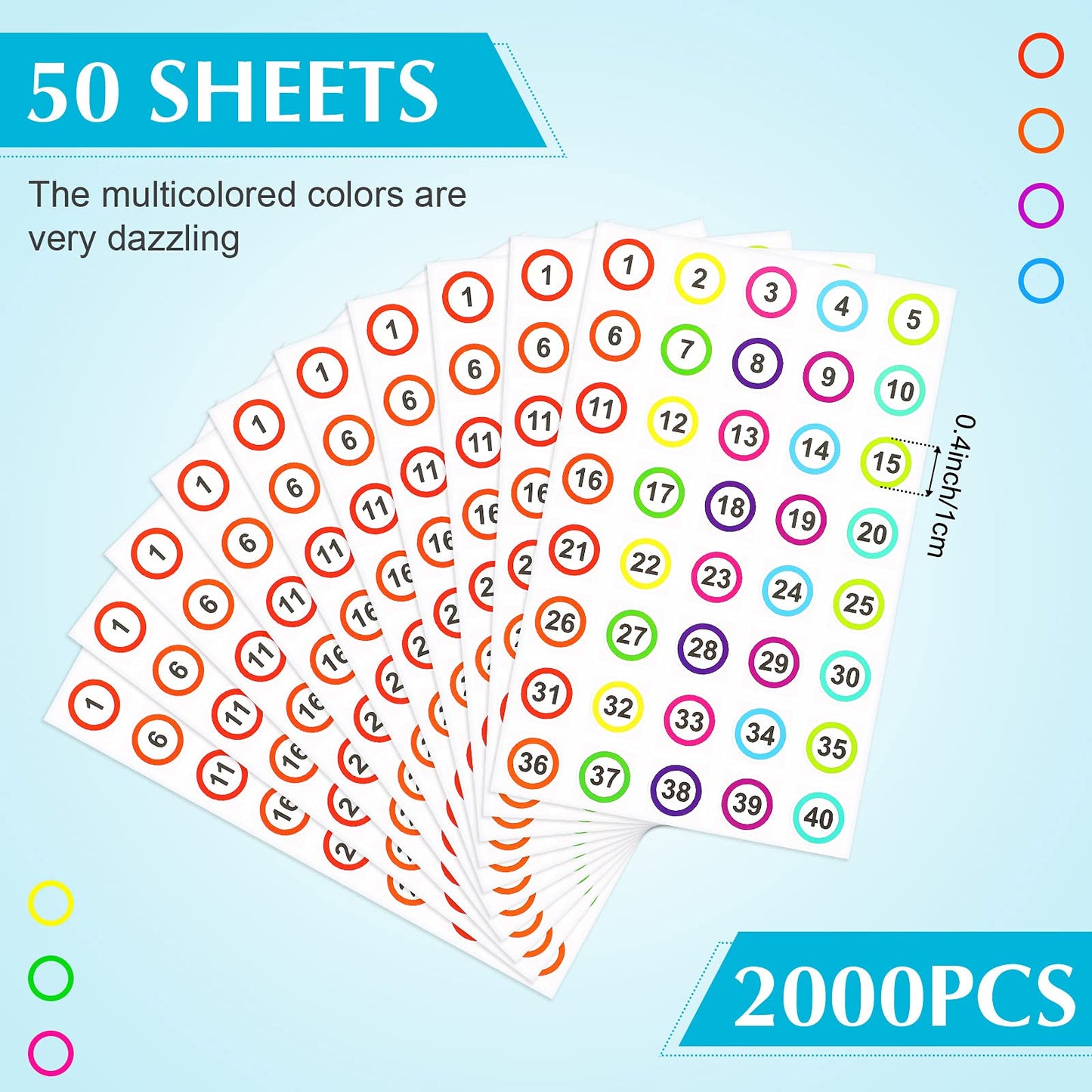 Clabby 50 Sheets 1-40 Small Number Stickers 0.4-inch Round Numbers Labels Dot Self-Adhesive Stickers Colorful Border Round Labels for Classroom Office Organizing Inventory Storage