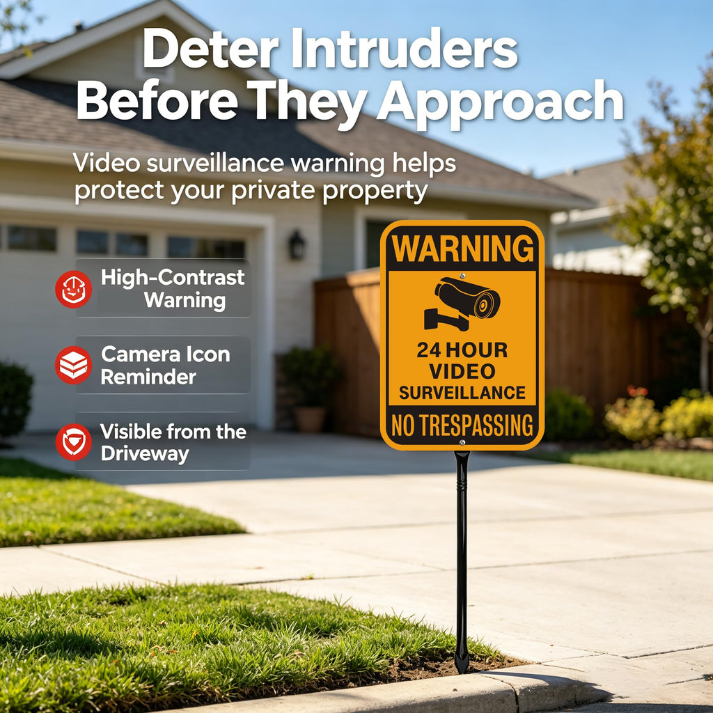 Video Surveillance No Trespassing Warning Sign with 36" Metal Stake, 10x14 Inch Aluminum, Reflective, 2Pack