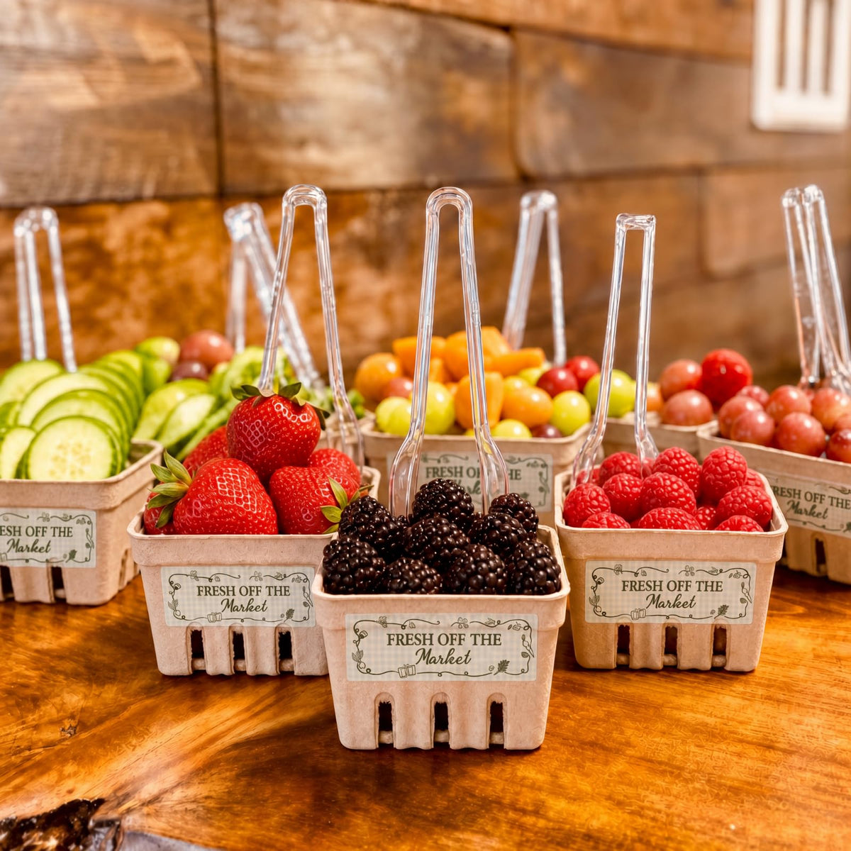 60 Sets Natural Pulp Berry Baskets with Fresh off the the Market Stickers Berry Carton Farmer Market Party Bridal Shower Favor Small Vented Produce Containers for Locally Grown Grocery