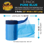 Dura-Gold 22" x 65' Pure Blue Pre-Taped Masking Film, (3 Pack) Painters Plastic Roll (0.4 Mil), Pull Down Drop Sheet, Pre-Taped Plastic Sheeting for Painting Protection on Auto, Walls, Furniture