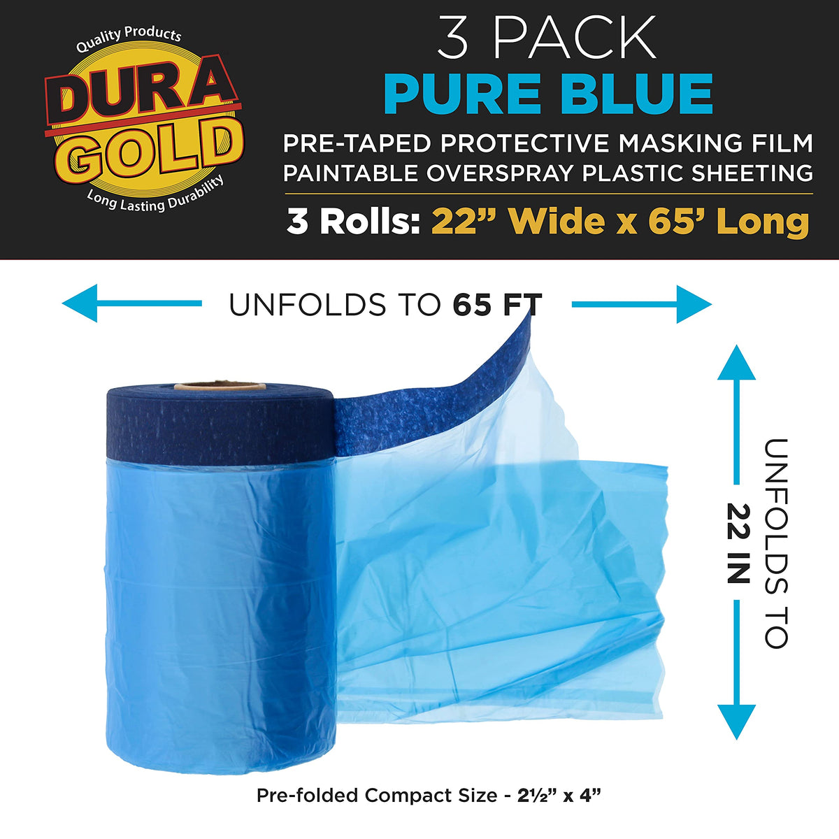 Dura-Gold 22" x 65' Pure Blue Pre-Taped Masking Film, (3 Pack) Painters Plastic Roll (0.4 Mil), Pull Down Drop Sheet, Pre-Taped Plastic Sheeting for Painting Protection on Auto, Walls, Furniture