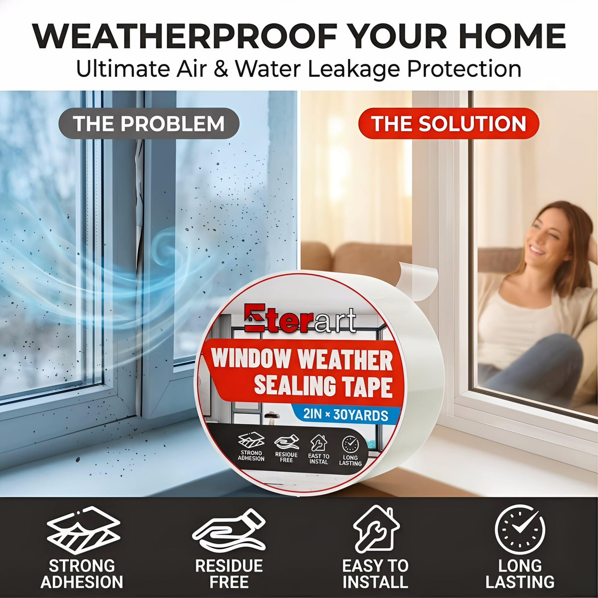 ETERART Transparent Weatherproof Seal Tape 2" x30Yds - Heavy Duty Waterproof Adhesive for Winter Drafts & Rain Leaks, No-Residue Weather Stripping for RVs, Windows, Doors & Renters 2" x 30 Yards