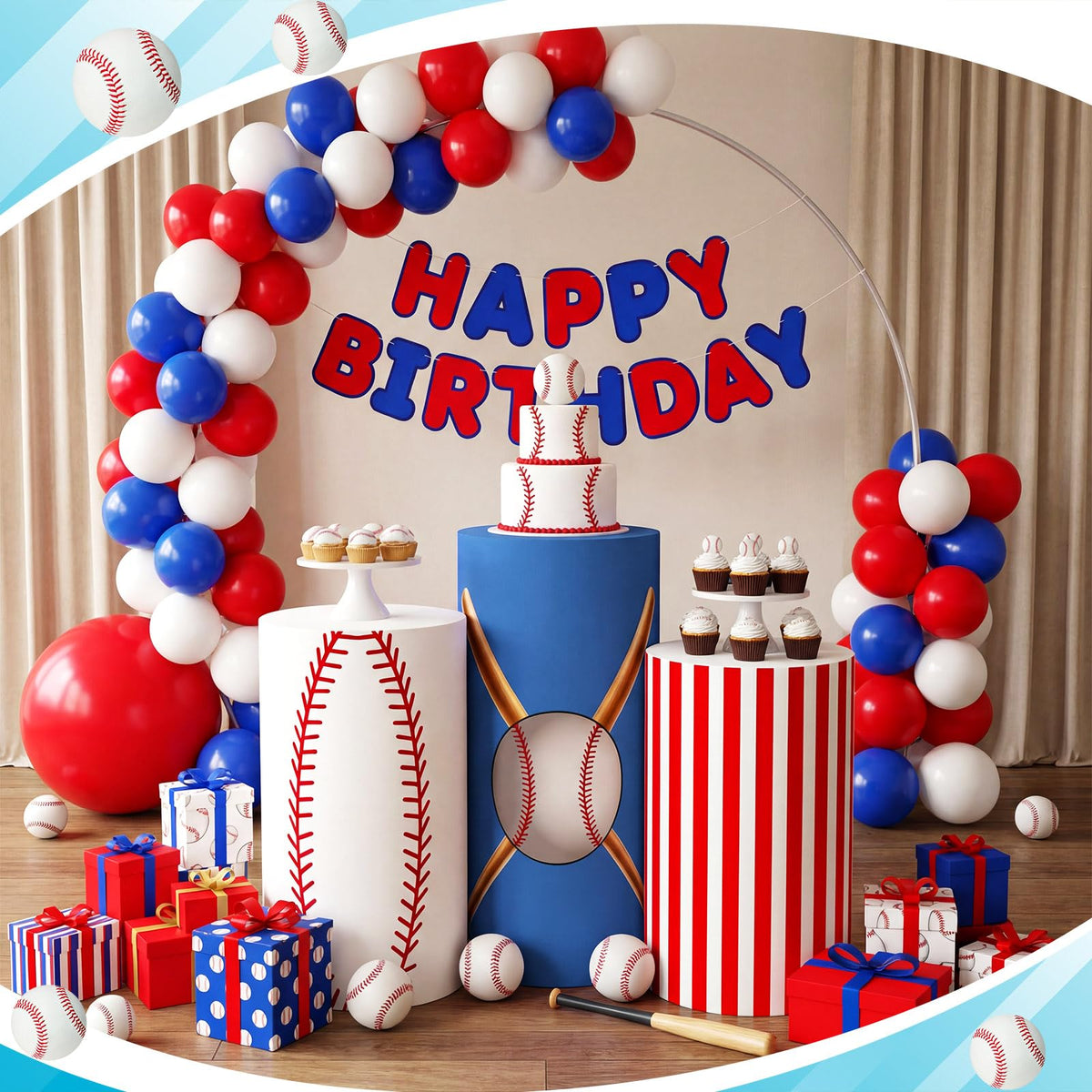 Frienda 3 Pcs Halloween Cylinder Cover Wraps for Dessert Table, Baseball White Blue Red