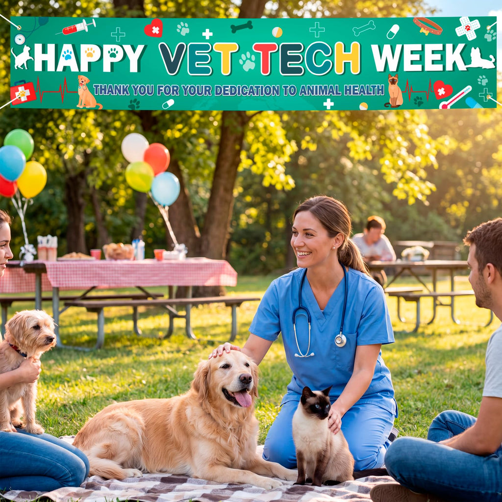 HOWAF Happy Vet Tech Week Banner, Veterinary Technician Appreciation Yard Banner, Dog Cat Paw Print Pet Clinic Outdoor Fence Hanging Sign, Vet Staff Thank You Party Decorations Supplies