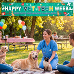 HOWAF Happy Vet Tech Week Banner, Veterinary Technician Appreciation Yard Banner, Dog Cat Paw Print Pet Clinic Outdoor Fence Hanging Sign, Vet Staff Thank You Party Decorations Supplies
