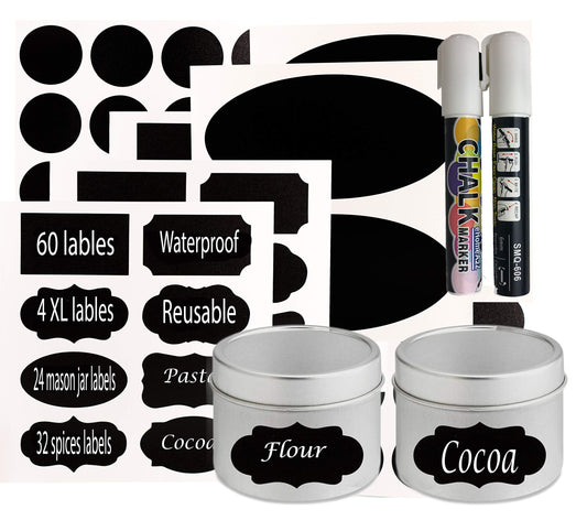 EHOMEA2Z Chalkboard Jar Labels for Canning Mason Jars Premium Reusable Stickers Glass Chalk + 2 Large Erasable Markers (60 Labels) 60 Labels