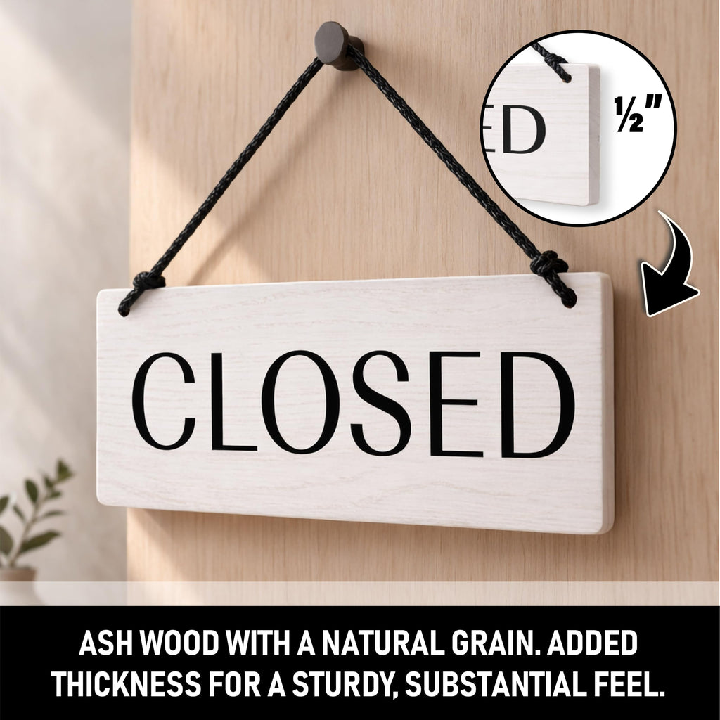Open Closed Business Sign – Double Sided Real Ash Wood Hanging Open Sign for Storefront Door or Window - White Minimalist We Are Open Sign - 10 x 4 Inch