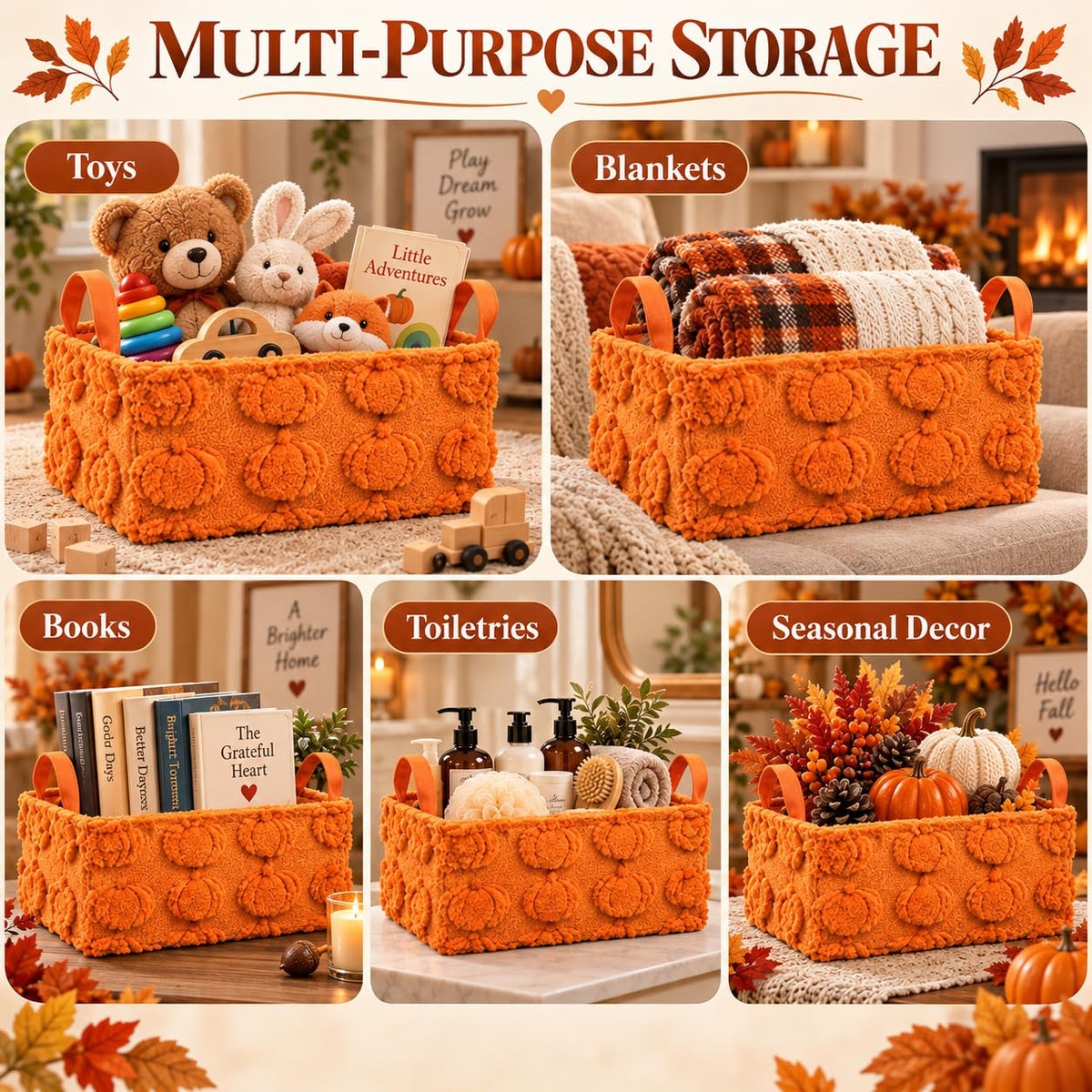 2 Pack Pumpkin Storage Baskets, 14x10'' Fall with Handles Orange-Pumpkin
