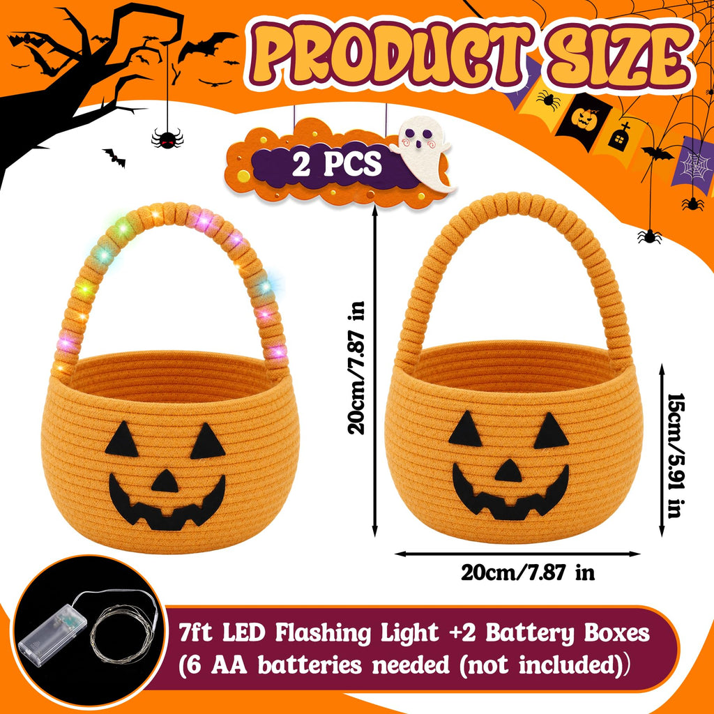 2Pcs Halloween Trick or Treat Basket with LED String Lights - Orange Orange+light
