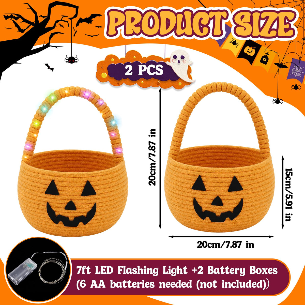 2Pcs Halloween Trick or Treat Basket with LED String Lights - Orange Orange+light