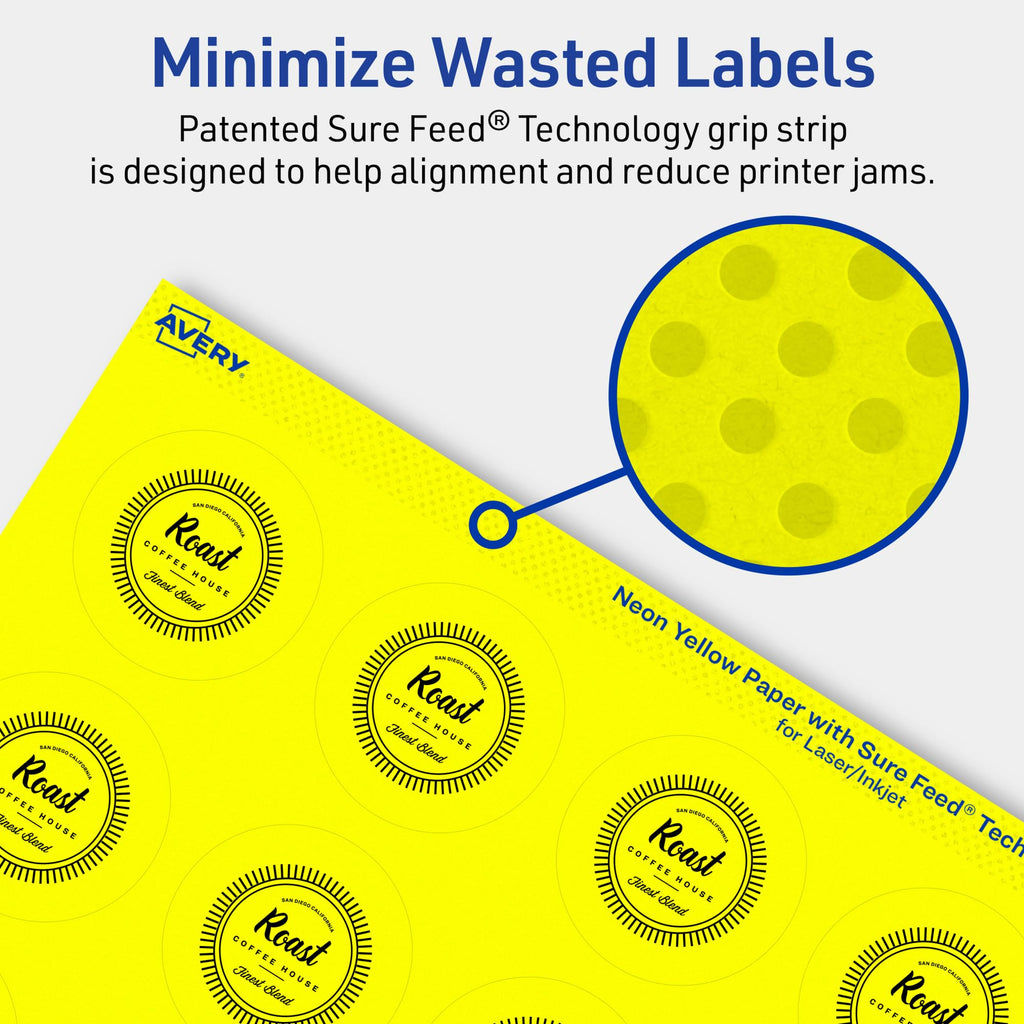Avery Printable Round Labels, Sure Feed Technology, 1-3/4" Diameter, Neon Yellow Labels, Print-to-The-Edge, Laser/Inkjet Printable, 400 Total, Great for Stickers and Candles 400 labels