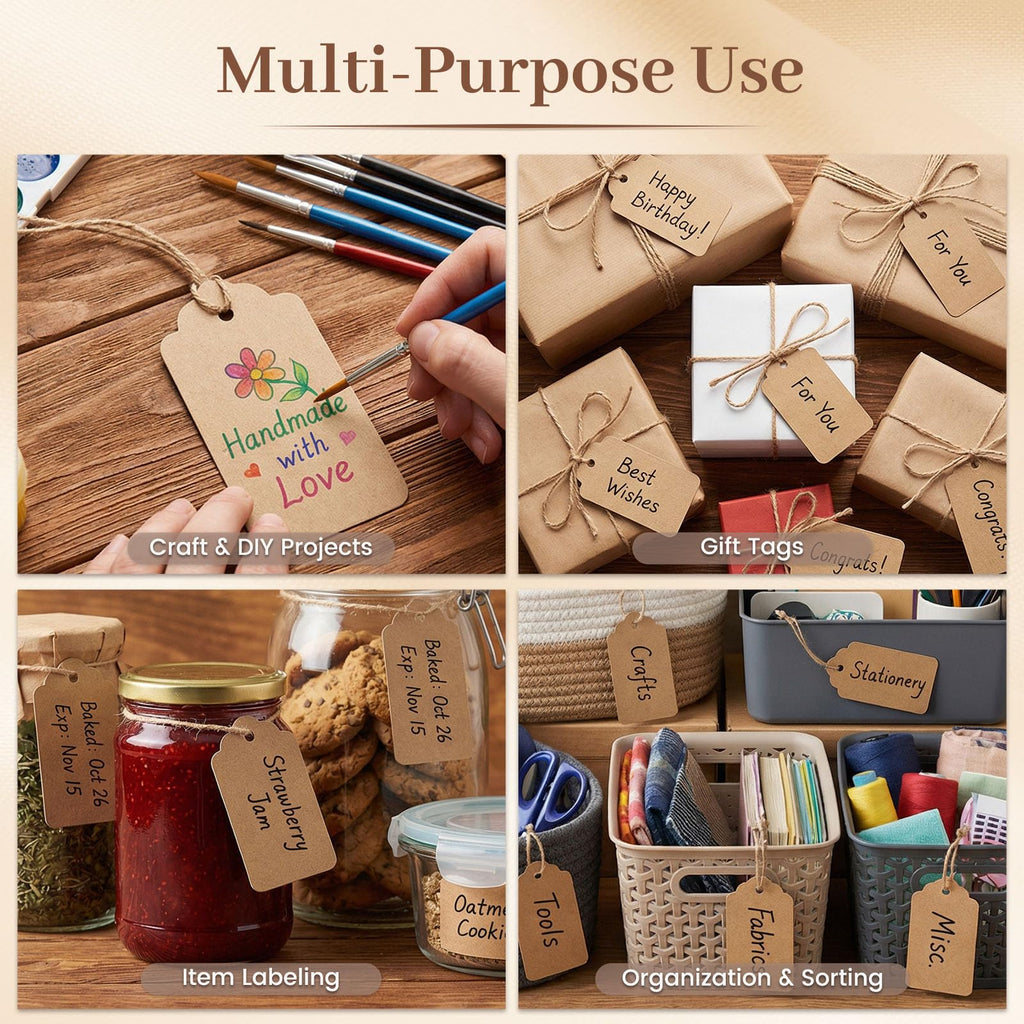 SALLYFASHION 100PCS Gift Tags with String Attached, Kraft Paper Hang Tags 100 Pcs Standard Brown