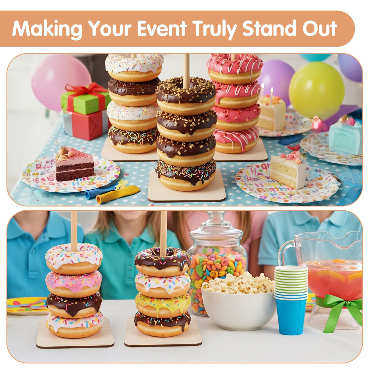 5 PCS Square Donut Stands for Dessert Table, Wooden Donut Stand Display, Farmhouse Bagel Stand for Dessert Table, Wedding, Birthday, Class Reunion, and Party Decoration