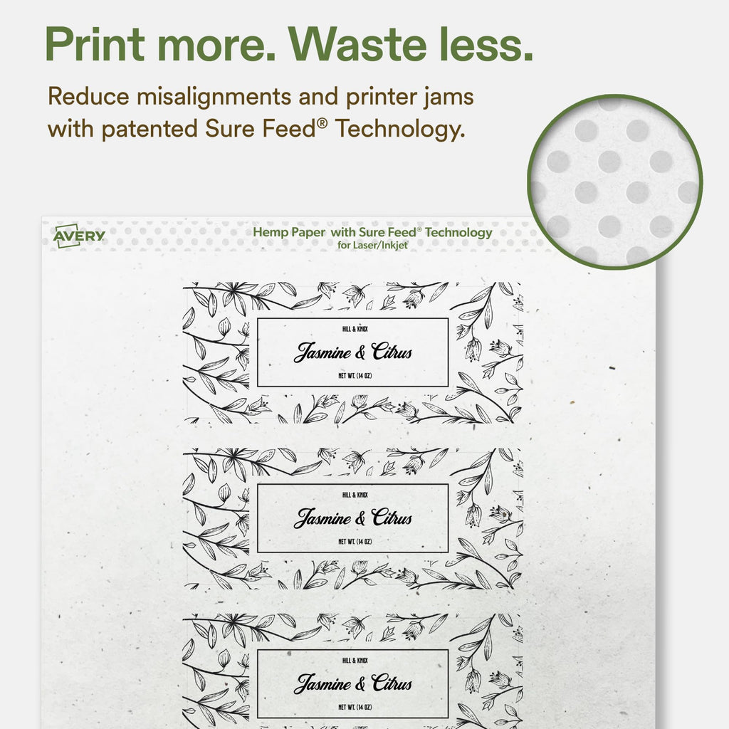 Avery Printable Rectangle Hemp Labels with Sure Feed Technology, 2" x 5", Off-White, Print-to-the-Edge, Laser & Inkjet Compatible, 80 Total, Great for Product Branding, Packaging, and More 80 Labels