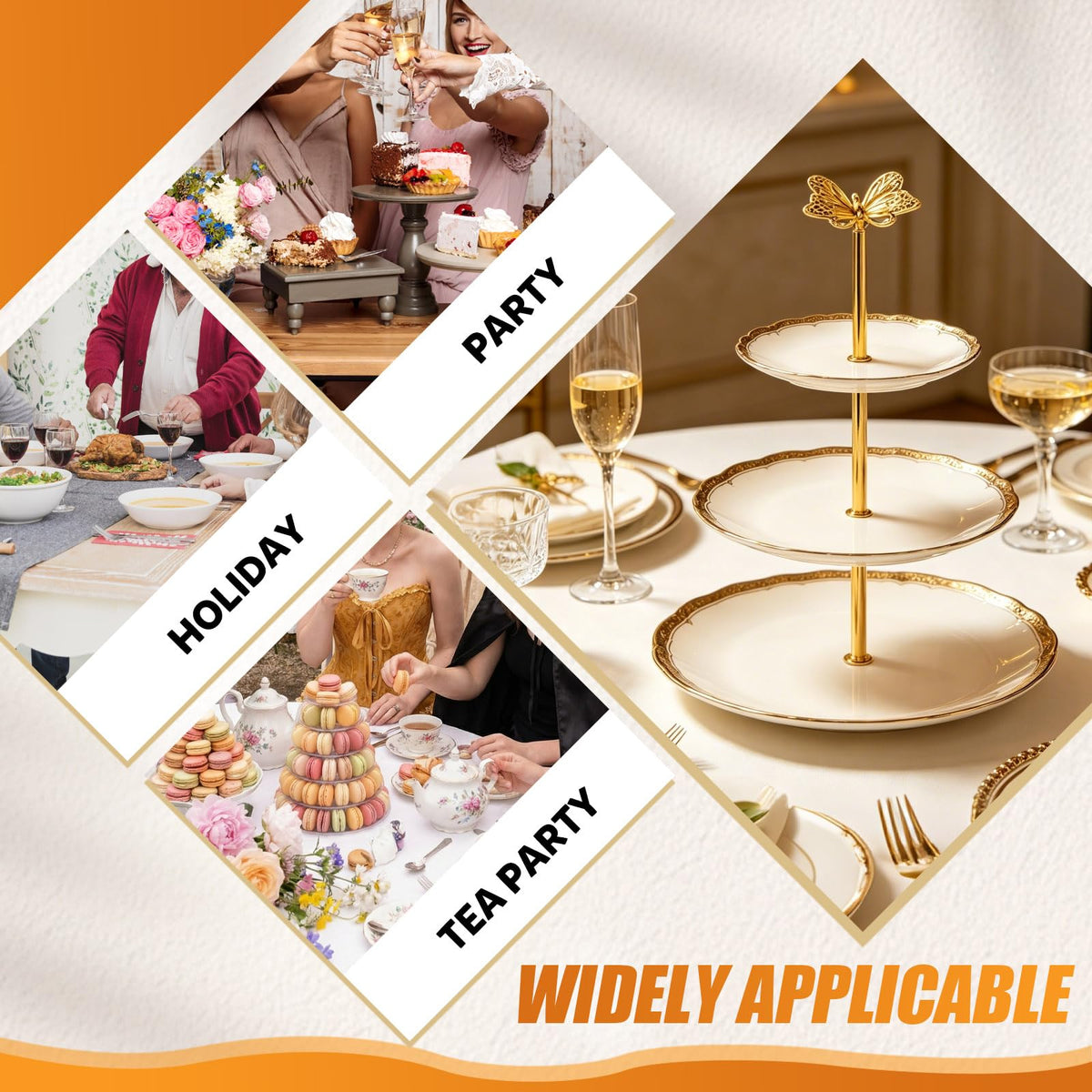 3 Sets of Zinc Alloy Cake Stand Hardware, Heavy Duty 3 Tiered Tray Hardware Kit, Butterfly Cake Plate Stand Handle Stacking Fittings Rod for Serving Dessert Cupcake Fruit Holder (Gold) Gold