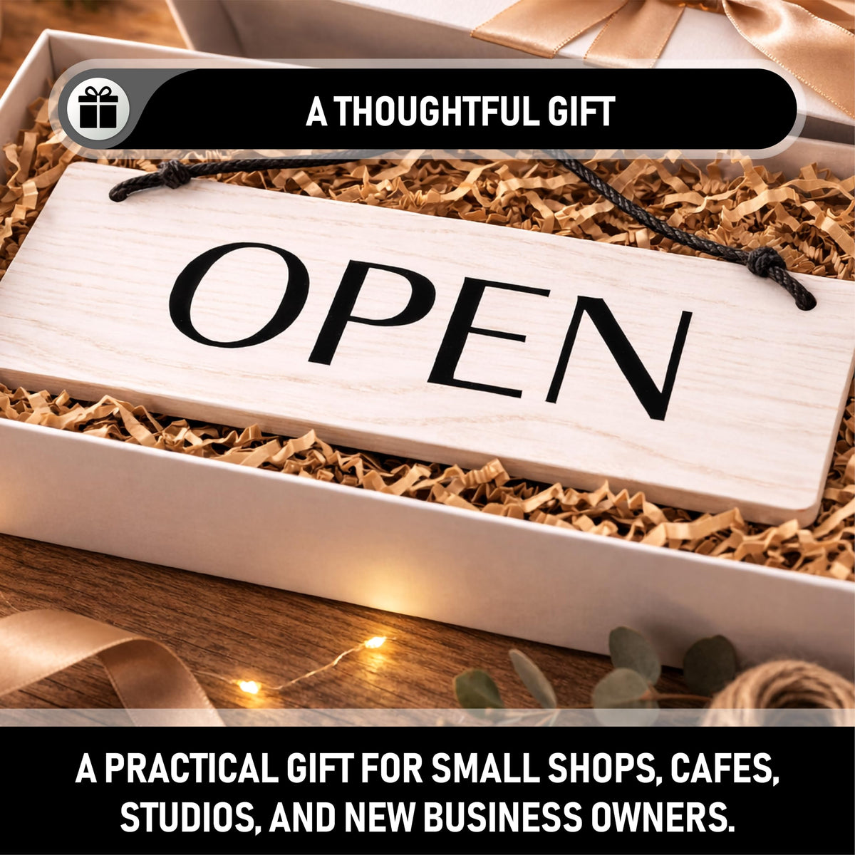Open Closed Business Sign – Double Sided Real Ash Wood Hanging Open Sign for Storefront Door or Window - White Minimalist We Are Open Sign - 10 x 4 Inch