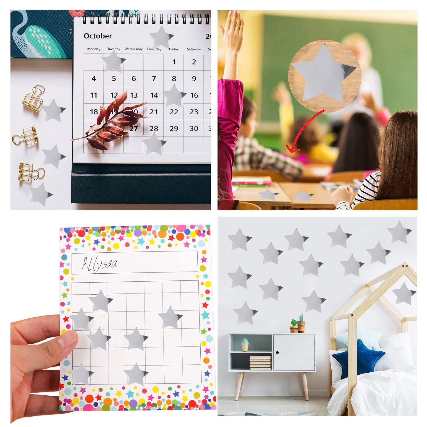 Silver Star Stickers Rewards Metallic Foil Stars Labels 2" Inch Christmas Shiny Foil Shape Coding Dot Stickers Teacher Supplies Envelope Seals for Toddlers Kid DIY Student Classroom, Office 500pcs