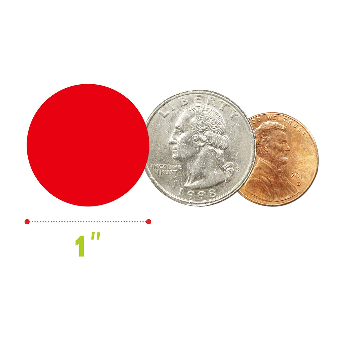 Set of 1500 red round color-coding stickers on a roll, 1-inch diameter labels with perforation lines for inventory organization.