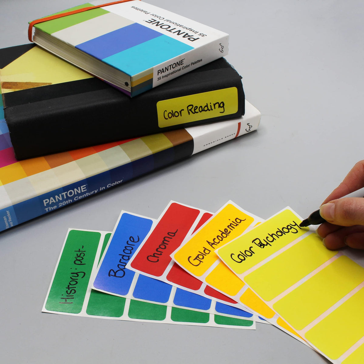 ChromaLabel 1x3 inch removable color code rectangle labels with 150 assorted stickers for organization and labeling.