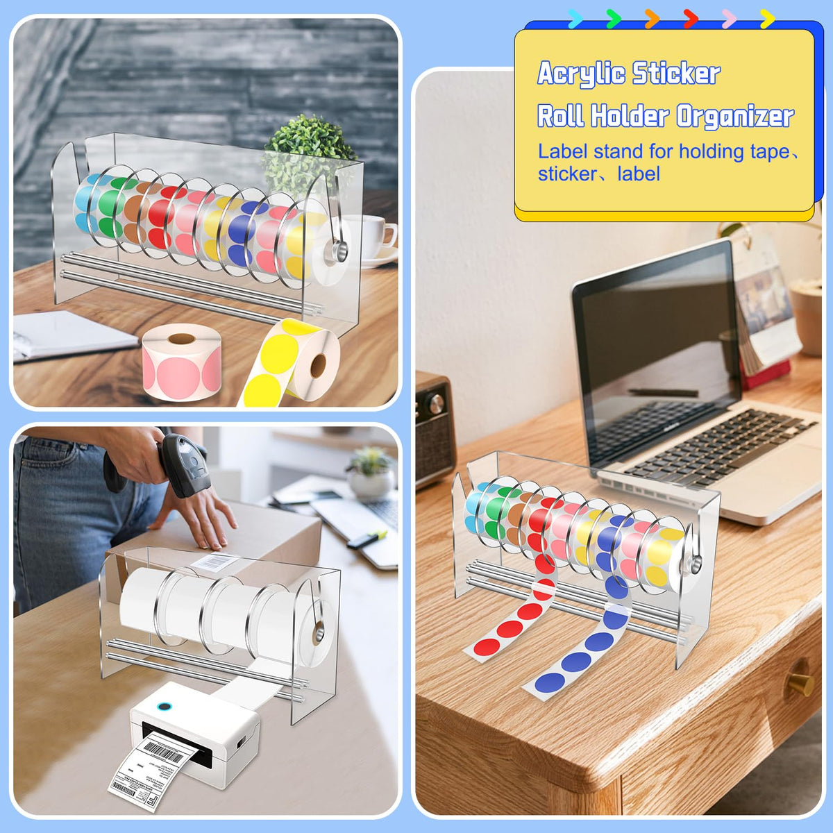 Sticker Dispenser,Label Dispenser,Sticker Holder Organizer,Sticker Roll Dispenser,Adjustable 9 Disks Acrylic Lable Roll Holder Organizer, Label Stand for Holding Tape Sticker Label Office and Home
