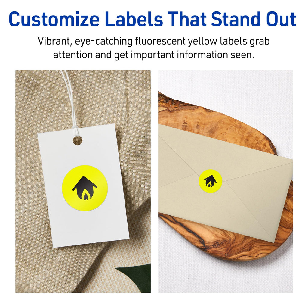 Avery Printable Round Labels, Sure Feed Technology, 1-1/4" Diameter, Neon Yellow Labels, Print-to-the-Edge, Laser/Inkjet, 600 Total, Great for Price Stickers and Mailing Seals 600 labels