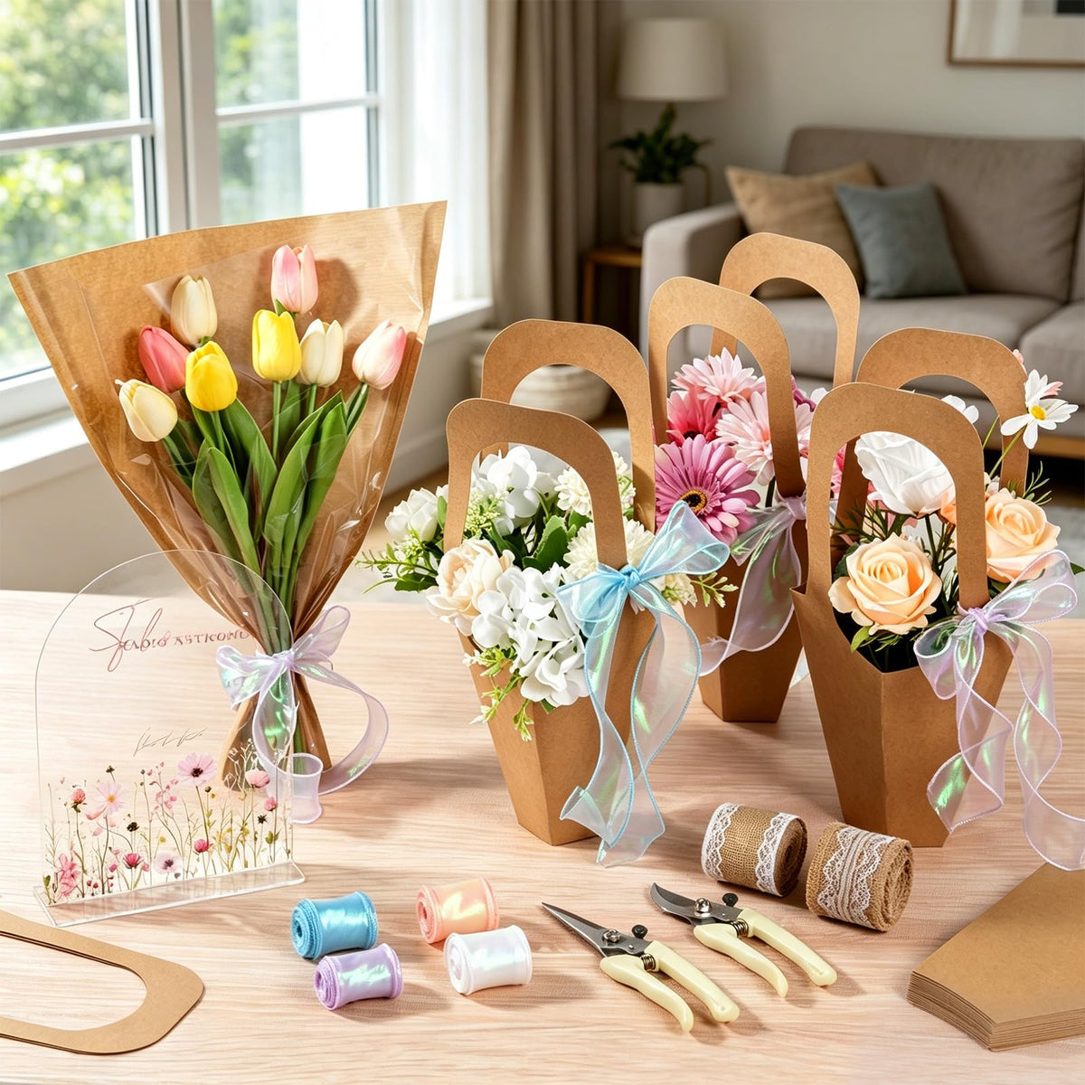 Flower Bar Supplies Set for Floral Bloom Decor Include Acrylic Flower Bar Sign Bouquet Wrapping Gift Bags Chiffon Ribbon and Garden Scissors, Applicable to Wedding Bridal Baby Shower Birthday Party