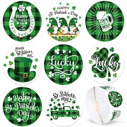 Whaline 1000Pcs St. Patrick's Day Stickers Roll Green Buffalo Plaid Shamrock Round Stickers 1.5Inch Lucky Clover Label Tags Self-Adhesive Stickers for Irish Party Seals Cards Envelopes, 8 Design