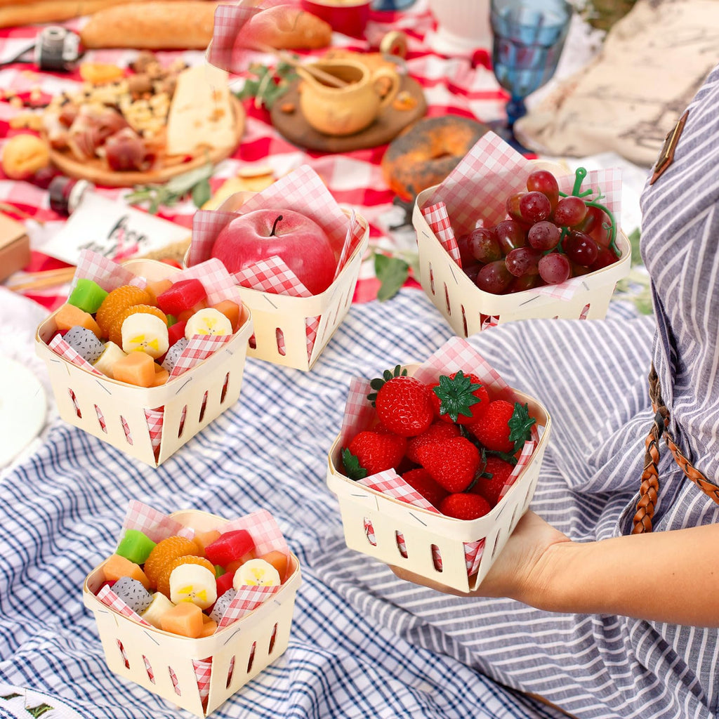 Vesici 61 Pcs Pint Wood Berry Basket & Wax Paper, Ribbon, Plaid, Red