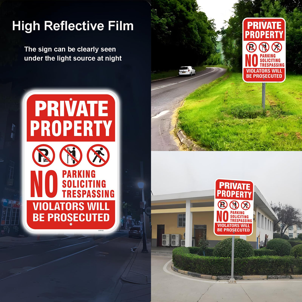 2 Pack Private Property No Trespassing Signs - 18x12 Inch No Parking No Soliciting Reflective with Violators Be Prosecuted Warning, Rust-Free Aluminum Weatherproof UV Protected for Yard, Driveway